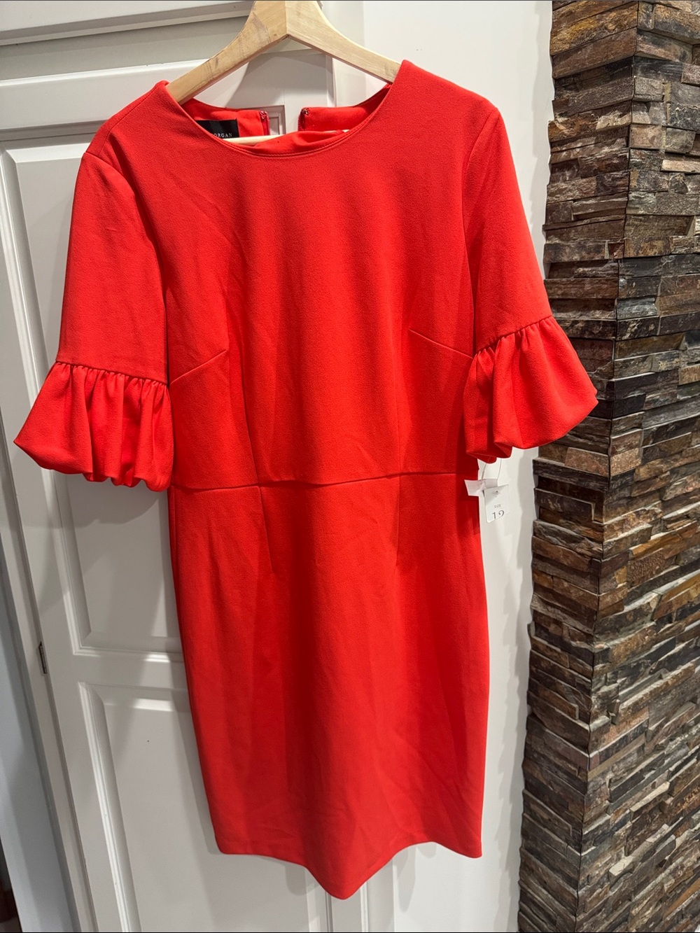 Donna Morgan Crew Coral Red Ruffle-Sleeve Midi Dress- Brand New
